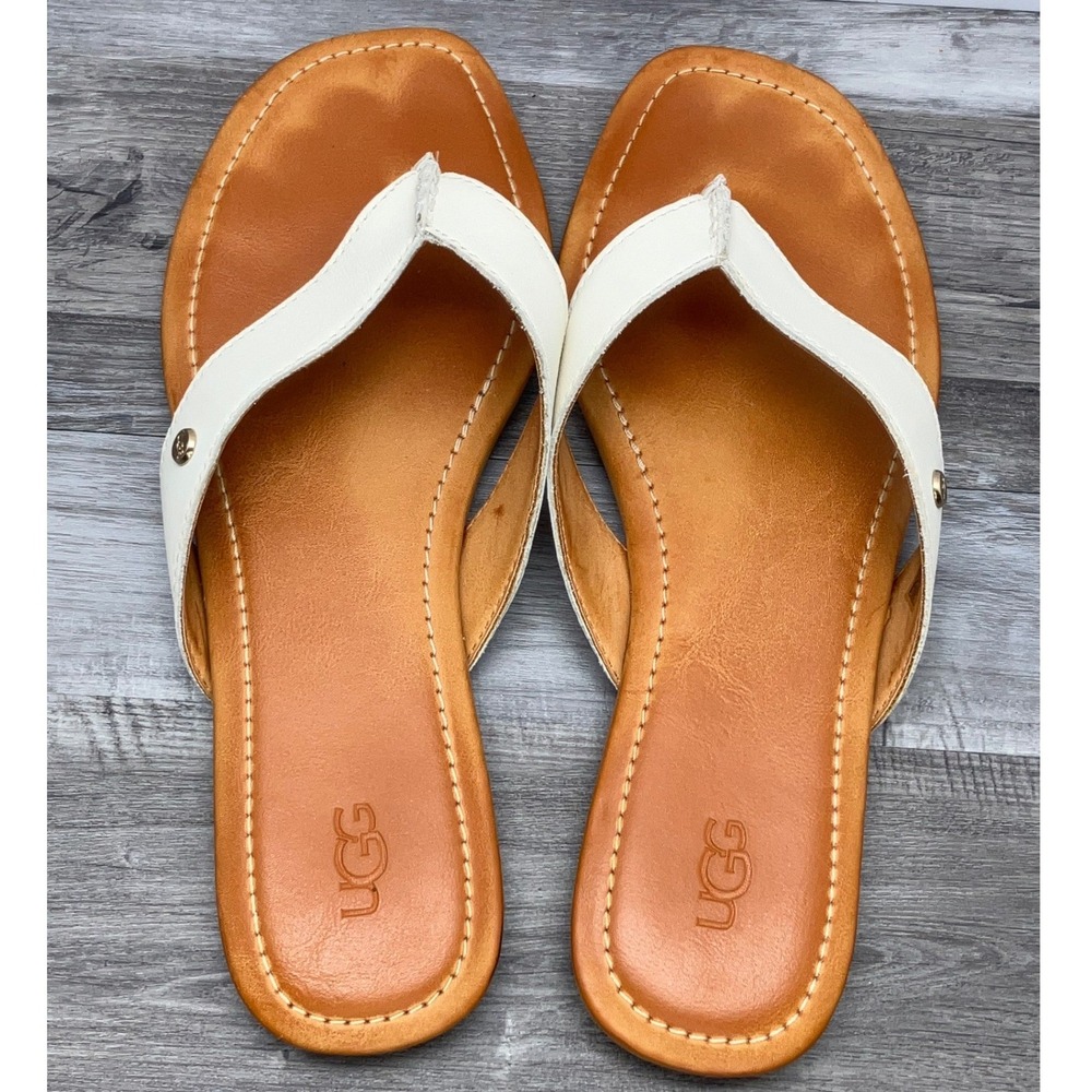 UGG Tawnie Off White Leather Flip Flop Thong Sandals Womens 9 1120110 - Picture 4 of 6